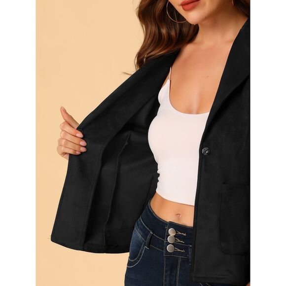 Long Sleeve Open Front Drawstring Faux Suede Blazer Black - Picture 6 of 6